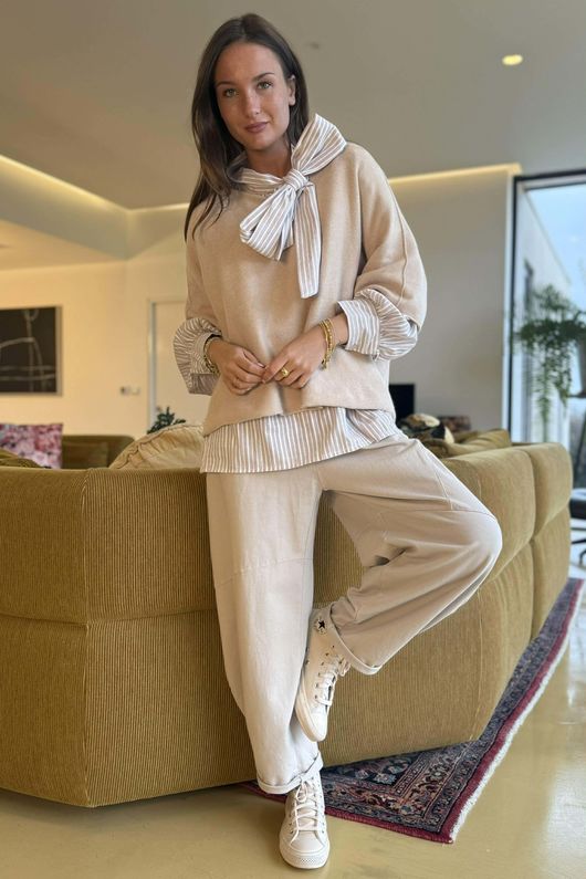 Nantucket Stripe Tie Neck Blouse Stone